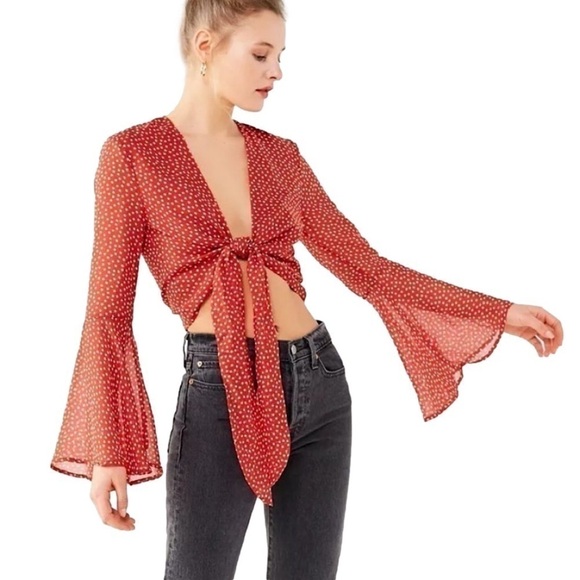 Urban Outfitters Tops - Urban Outfitters Red Star Tie Front Bell Sleeve Top, S
